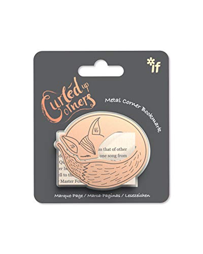 Metal bookmark shaped like a curled-up, peach-colored fox on cardstock.