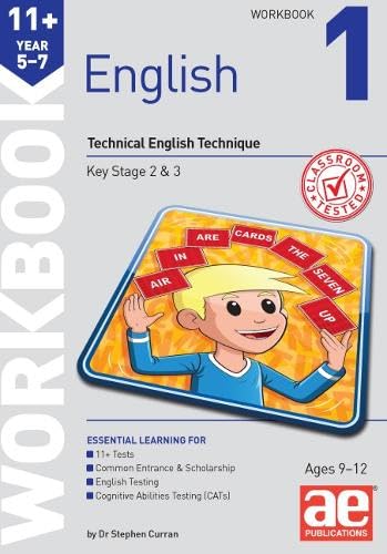 Front cover of 11+ English Year 5-7 Workbook 1 featuring a cartoon boy juggling cards.