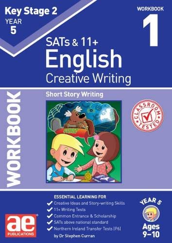Blue Year 5 English creative writing workbook cover featuring a cartoon illustration of children.