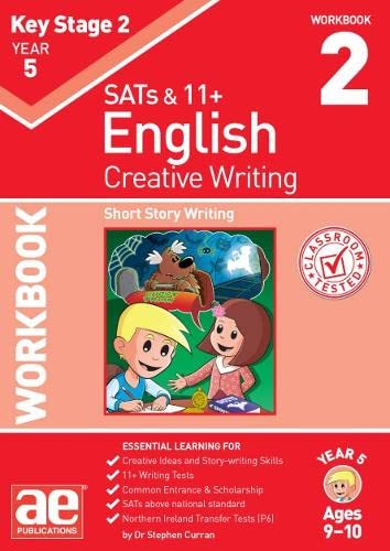 Red workbook cover for Year 5 English Creative Writing featuring a cartoon illustration.