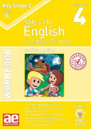 Yellow workbook cover for Year 5 English creative writing featuring two cartoon children.