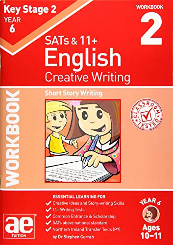 Red workbook cover with children drawing, text: "English Creative Writing".