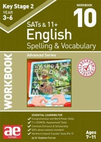 KS2 Spelling and Vocabulary Workbook 10 cover with cartoon characters on a computer screen.