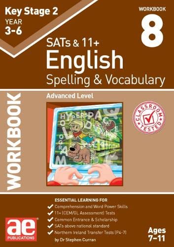 Brown workbook cover with "English Spelling & Vocabulary" title and computer screen image.
