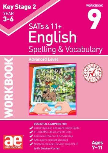 Pink KS2 English workbook, number 9, with a computer screen illustration.