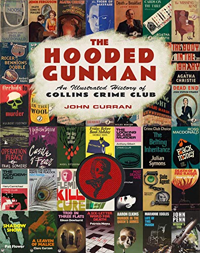 Book cover featuring vintage crime novel covers and a hooded figure.