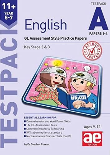 Front cover of 11+ English practice papers featuring two cartoon children with brain helmets.