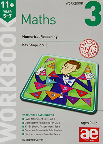 “11+ Maths Workbook 3” cover with a boy playing a numerical reasoning game.