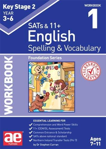 KS2 English workbook cover, blue and white, with children and a dog illustration.