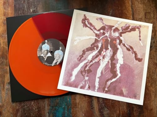 Orange and red split vinyl record with abstract album artwork.