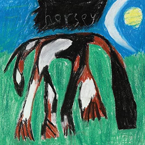 Painted image of a horse with a crescent moon and blue sky.