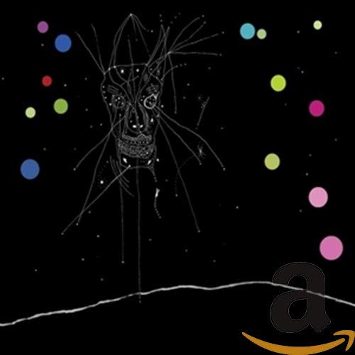 Black and white line drawing of a face with colorful dots.