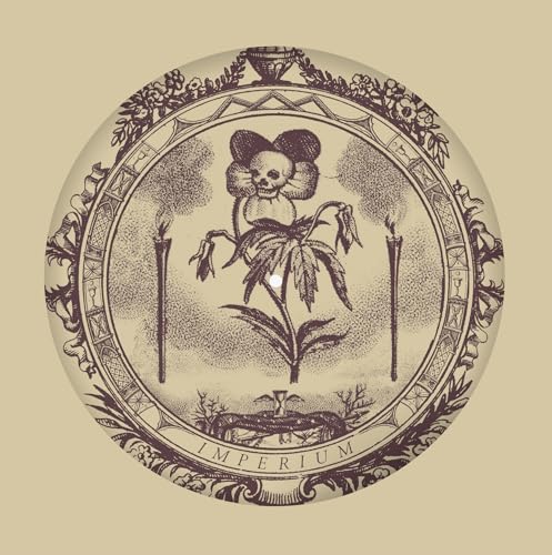 A circular vinyl record featuring a skull-centered flower, two candles, and the word Imperium.