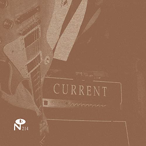 Sepia-toned image of an electric guitar and a guitar amplifier labeled Current.