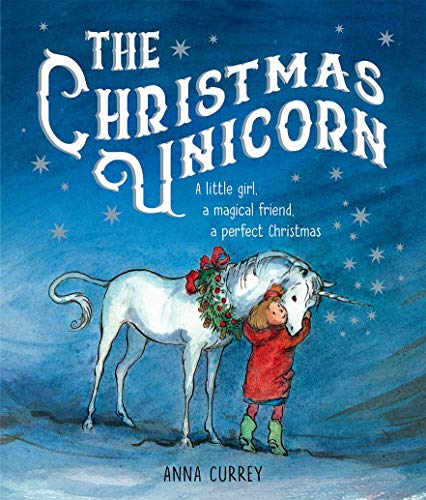 Book cover showing a girl in red hugging a white unicorn with a wreath.