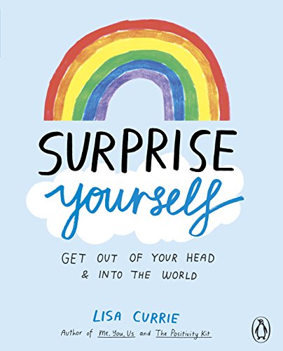Book cover with rainbow illustration and handwritten-style title, "Surprise Yourself.
