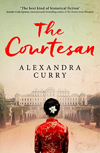 Book cover: woman in red facing grand palace gardens.