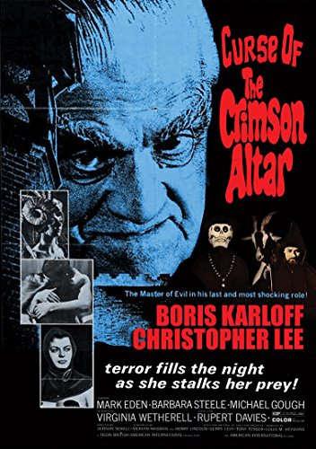 Curse of the Crimson Altar" DVD cover featuring Boris Karloff and Christopher Lee.