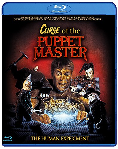 Blu-ray cover for Curse of the Puppet Master featuring a man surrounded by puppets.