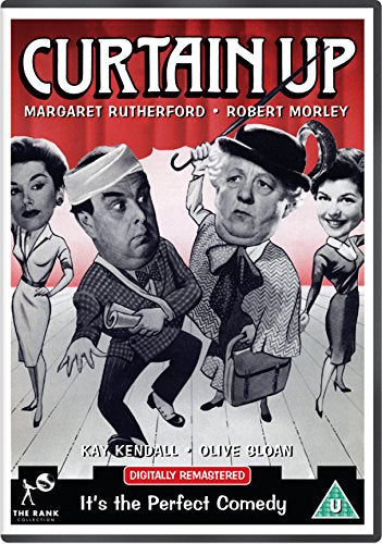 "DVD cover of 'Curtain Up' featuring illustrated characters and a red curtain background."