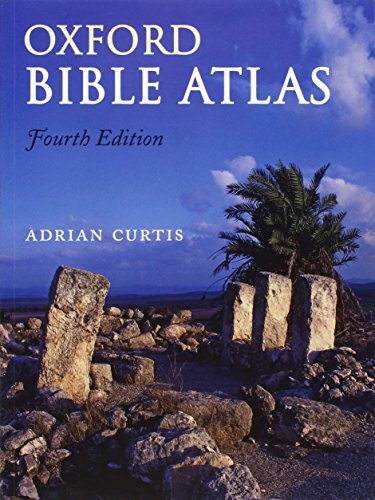 Cover of "Oxford Bible Atlas" featuring ancient ruins and a palm tree.