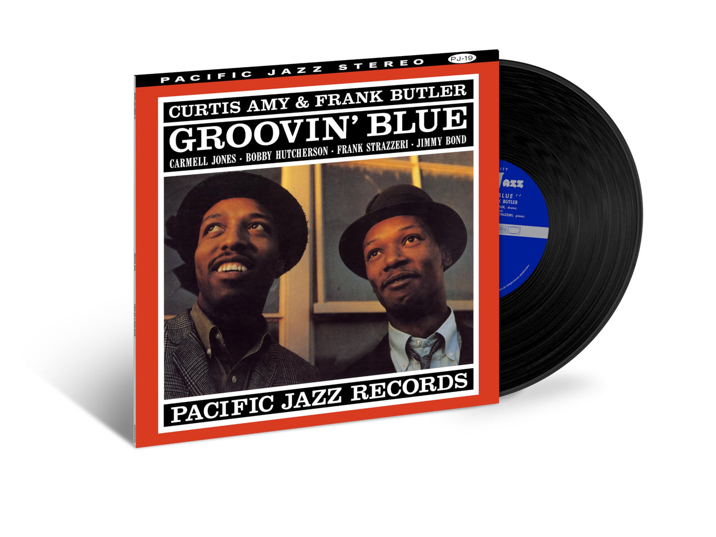 Vinyl record of “Groovin’ Blue” by Curtis Amy & Frank Butler, album cover shown.