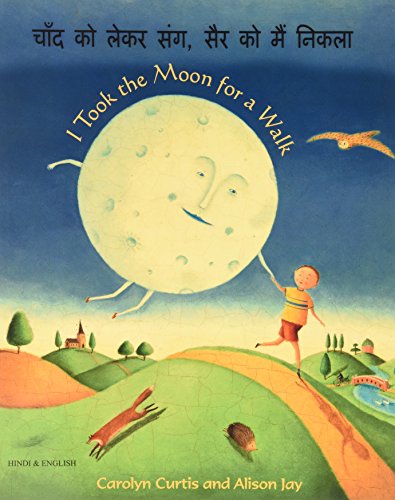 Boy walking with a smiling, legged moon over a green landscape.