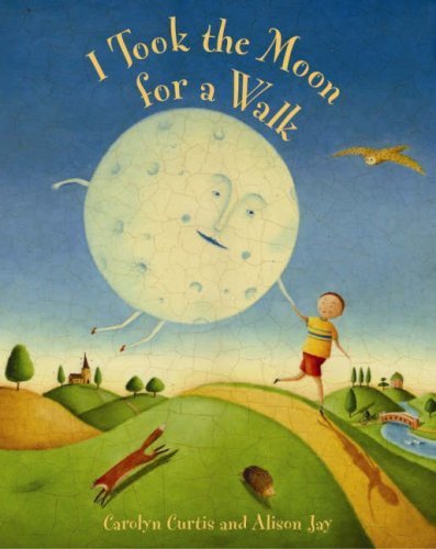 Board book cover: child walking a smiling moon with animal friends.