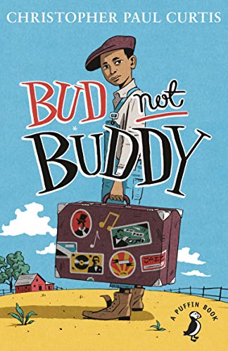 Book cover: boy with suitcase, titled "Bud, Not Buddy" in red script.