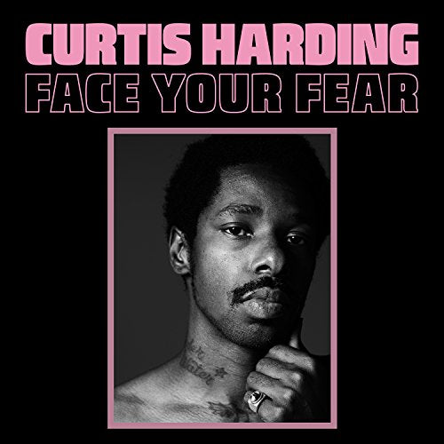 "Album cover with Curtis Harding's portrait, pink text on black background, black-and-white photo."
