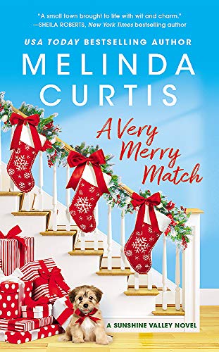 Book cover with Christmas stockings, gifts, and a small dog.