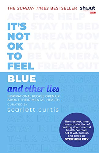 Book cover with blue and white text about mental health.