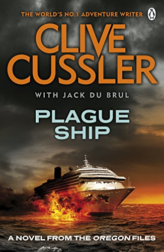 Book cover: "Plague Ship" by Clive Cussler, featuring a burning cruise ship.