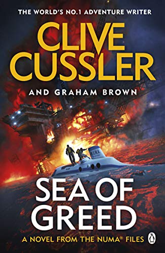 Book cover: "Sea of Greed" by Clive Cussler, featuring a submarine and oil rig.