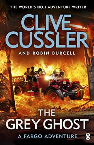 Book cover: vintage fire truck amidst intense flames, text “The Grey Ghost”.