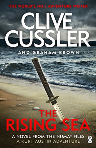 Book cover: ocean waves, a sword in sand, and author Clive Cussler’s name.