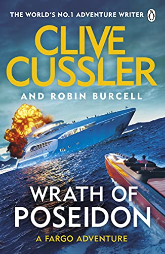 Book cover: “Wrath of Poseidon” depicts a yacht amid ocean waves and explosion.