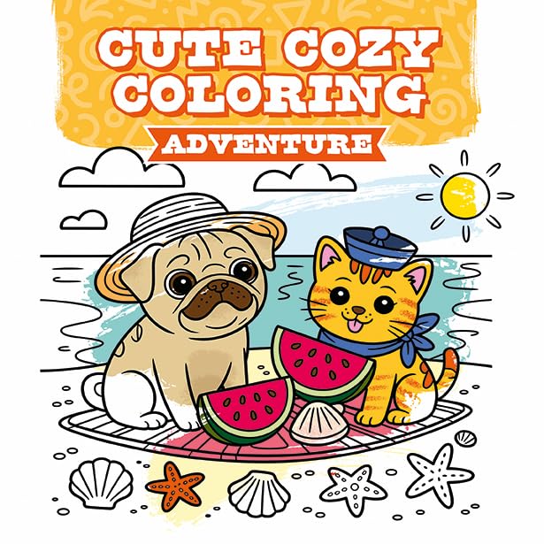 Line art coloring book cover with a pug, cat, watermelon, and beach scene.
