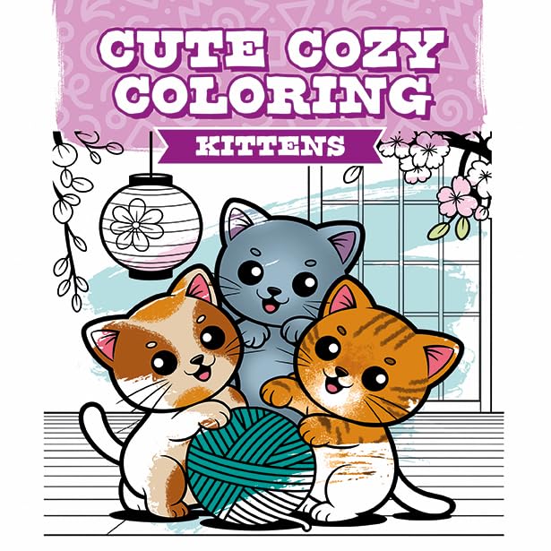 Cover of a coloring book featuring three cute cartoon kittens and yarn.