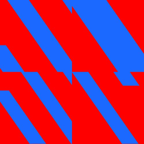 Abstract geometric design with diagonal blue stripes on a red background.
