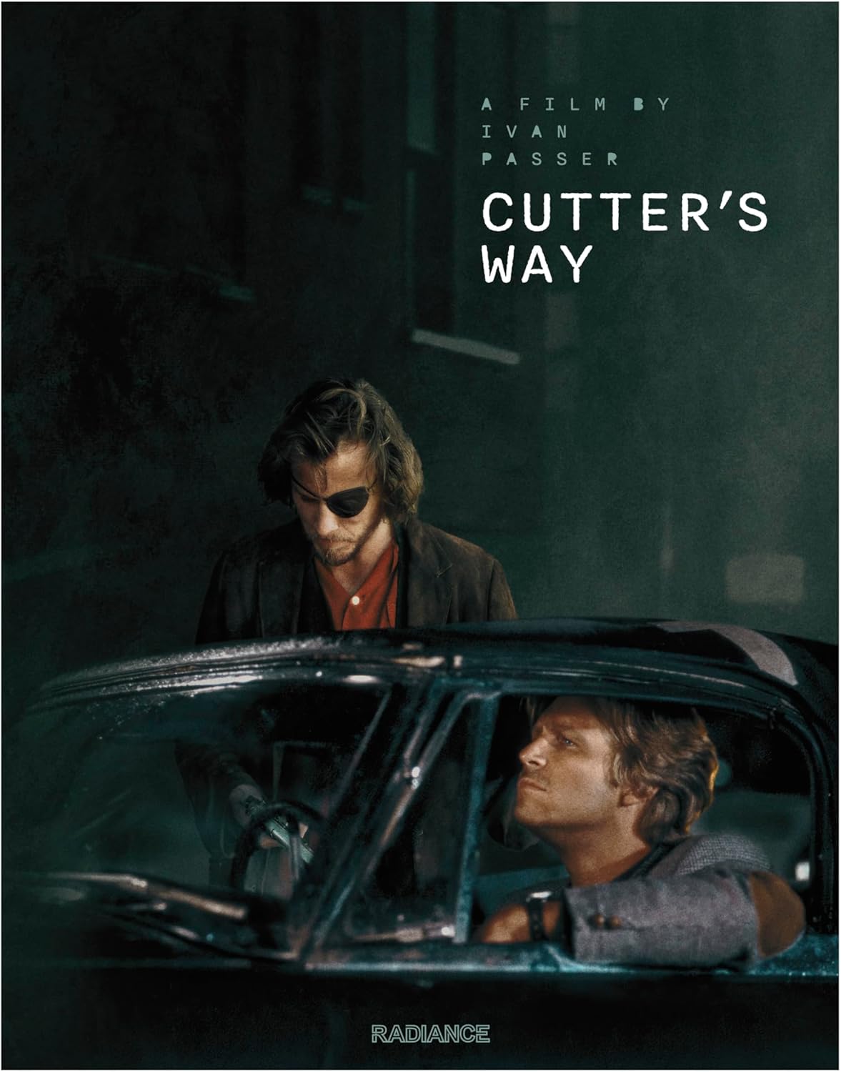 Film poster for "Cutter's Way" featuring two men and a car.