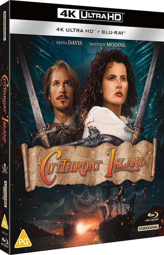 "Cutthroat Island" 4K Ultra HD Blu-ray case with pirate-themed cover art featuring two main characters.