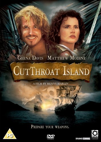 Cutthroat Island" DVD cover featuring actors, a pirate ship, and a skull.