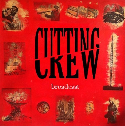 Red album cover with "CUTTING CREW broadcast" text and various small images around the title.