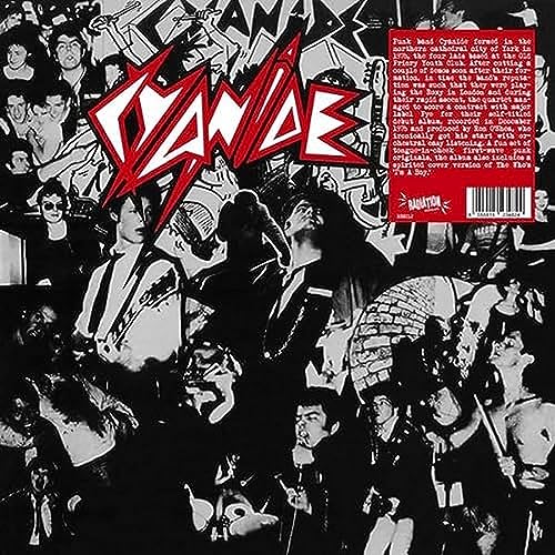 Black and white photo collage of a punk band with a red logo overlay.
