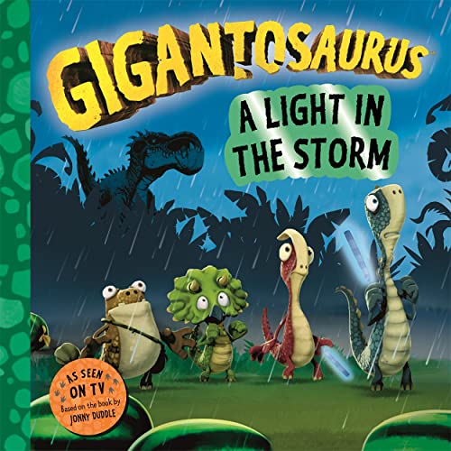 Gigantosaurus book cover featuring dinosaurs in a stormy, dark landscape.