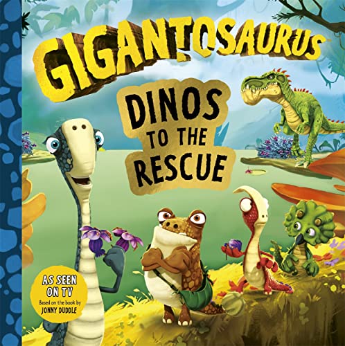 Gigantosaurus book cover featuring colorful cartoon dinosaurs in a landscape.