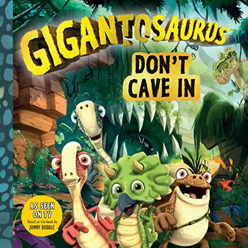 Gigantosaurus book cover featuring four colorful young dinosaurs in a jungle.