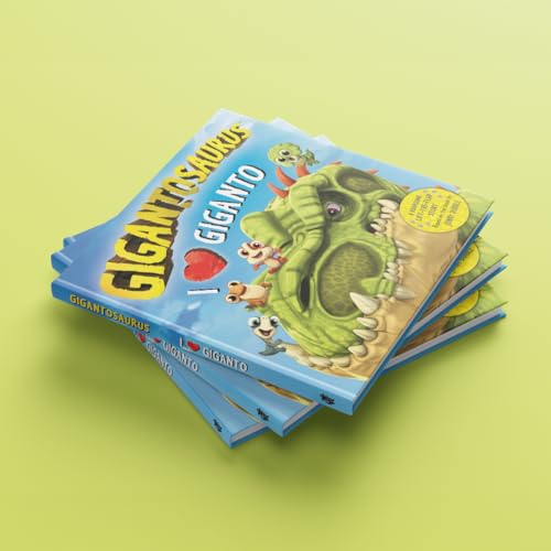 Stack of children’s book featuring a green Gigantosaurus and smaller dinosaurs.