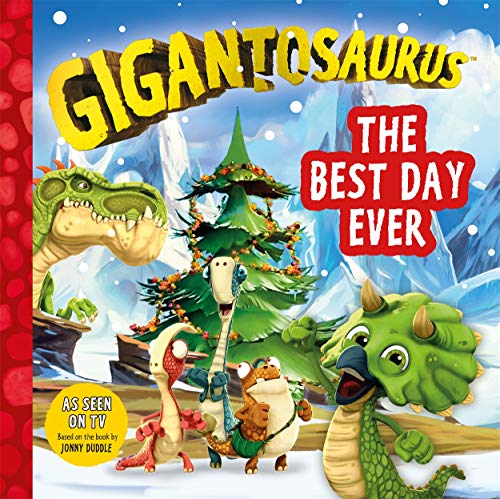 Gigantosaurus book cover featuring four colorful dinosaurs in a snowy landscape.